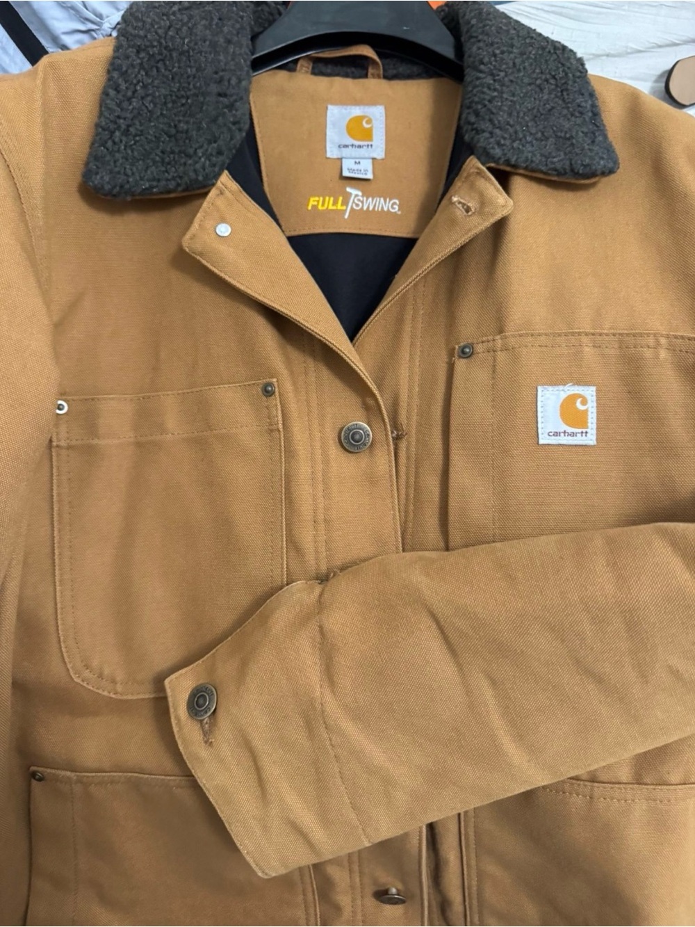 Carhartt Tan Canvas Work Coat with Dark Sherpa Collar